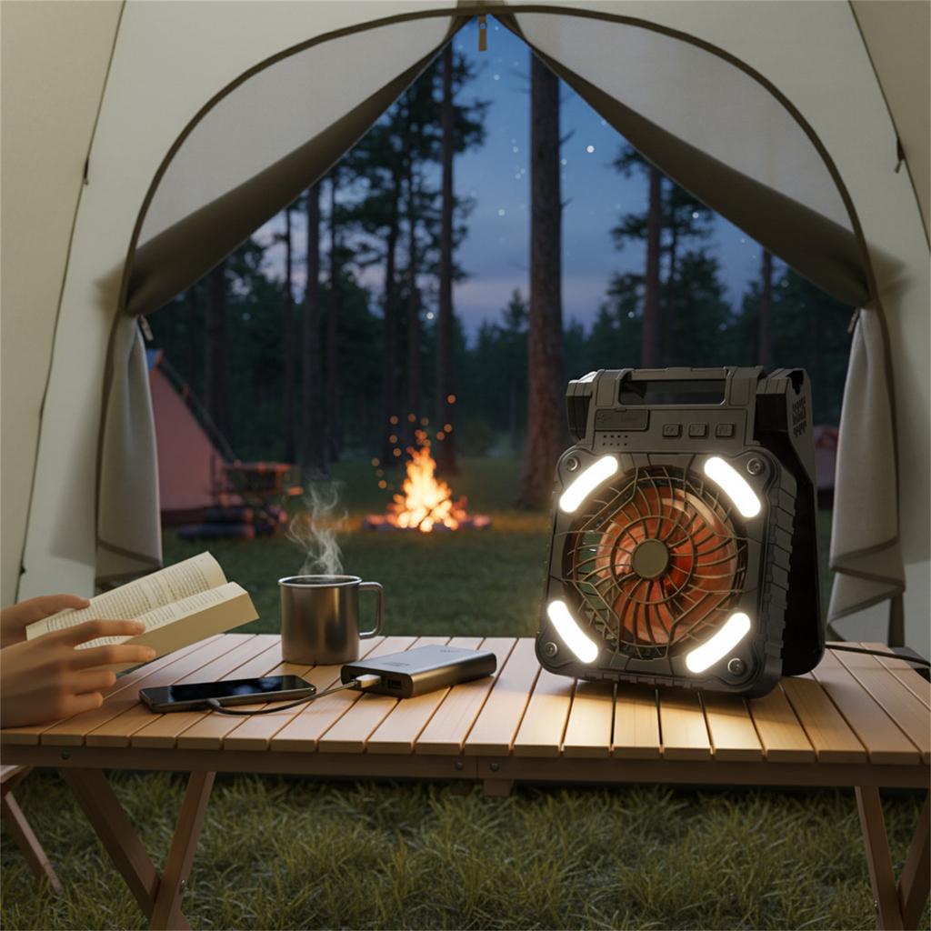 Solar Powered Fan with LED Light 5200mAh Battery Portable Polysilicon Panel Fan for Outdoor Camping Emergency Use