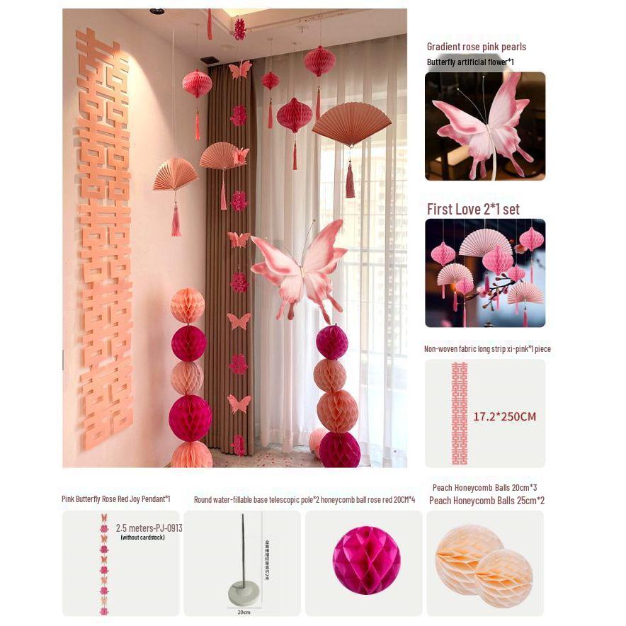 Our Home Wedding Lantern Set: Atmosphere-Enhancing Pull Flower Decorations with Double Happiness Hanging Ornaments