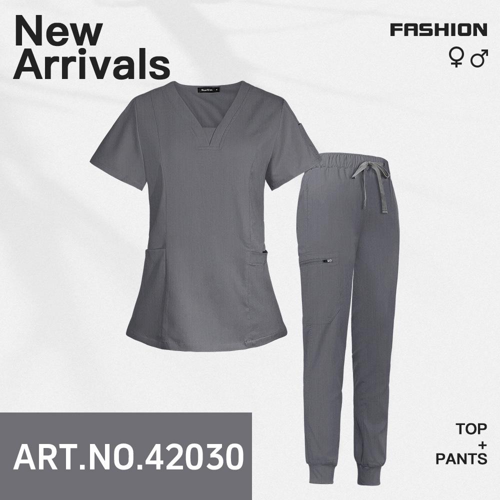 V-neck Women's Hospital Scrub Suit with Short Sleeves and Printed Design