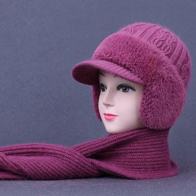 

Норкова оксамитова шапка з вовни, що захищає вуха, та набір шарфа для жінок - Зимова в язана качиний дзьоб