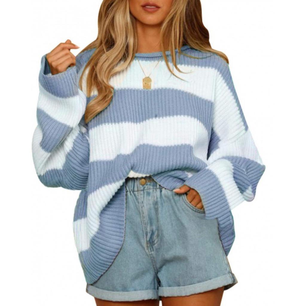 Autumn and Winter Women's Sweater, Women's Rolled Edge Round Neck Striped Color Blocked Knit Sweater