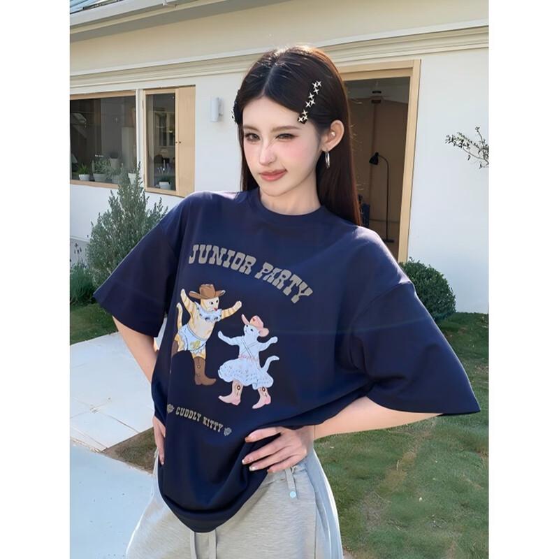 ZOSE Women s Dancing Cat Print Short Sleeve T-Shirt One Size (90-120 Jin Recommended)