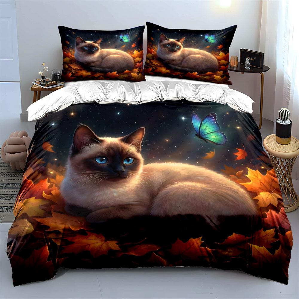 Blue-eyed Cat with Butterfly and Autumn Leaves Print Bedding Set 1 Duvet Cover 2 Pillowcases for Adult and Children Luxury Gift