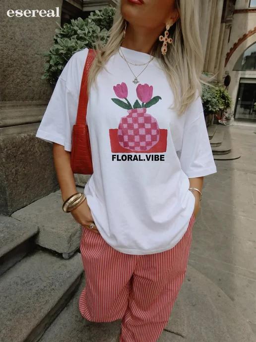 Oversized print T-shirt: Floral Vibe L