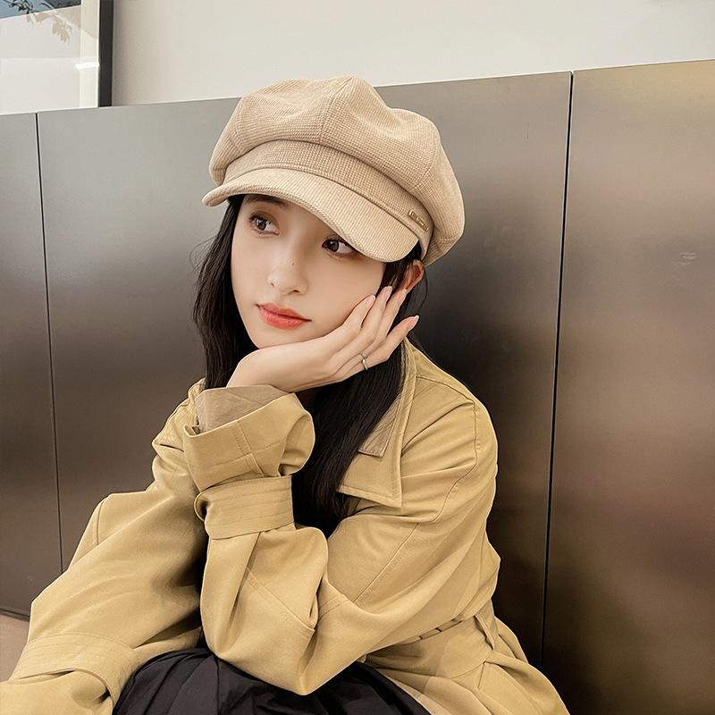 Octagonal hat women's autumn and winter retro literary and artistic versatile woolen hat metal label duck tongue beret showing face small painter hat