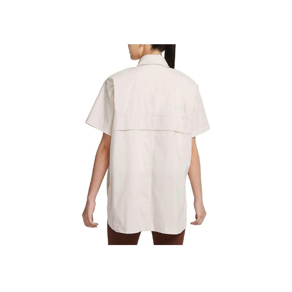 Nike Sportswear Collection Solid Color Woven Short Sleeve Shirt Women Tops Light-Redwood-Brown FB8293-104