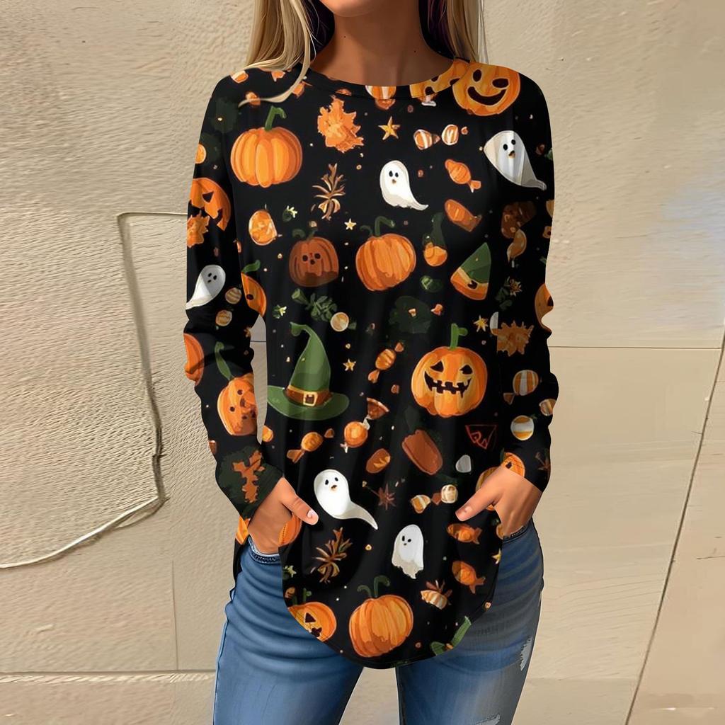 Damesmode Losse Ronde Hals Halloween Print Lange Mouwen T-shirt Top Pullover