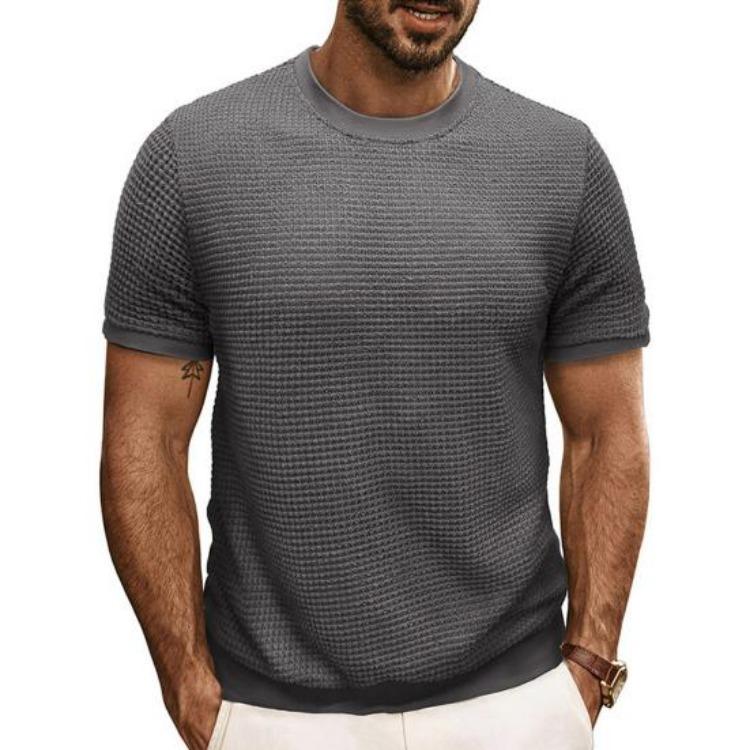 Summer Slim Fit Ribbed Elastic T-shirt Men Casual Knitted Round Neck Short Sleeves Pullover Solid Color Daily Tops Clothes
