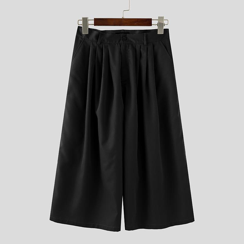 INCERUN Men Zip-up Waist Solid Color Casual Loose Cropped Straight Pants