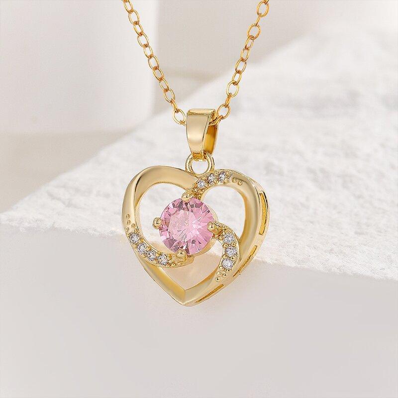 1 Pcs Women Fashion Accessories Inlaid Pink Glass Copper Pendant Necklace Hundreds of Light Luxury Style Jewelry