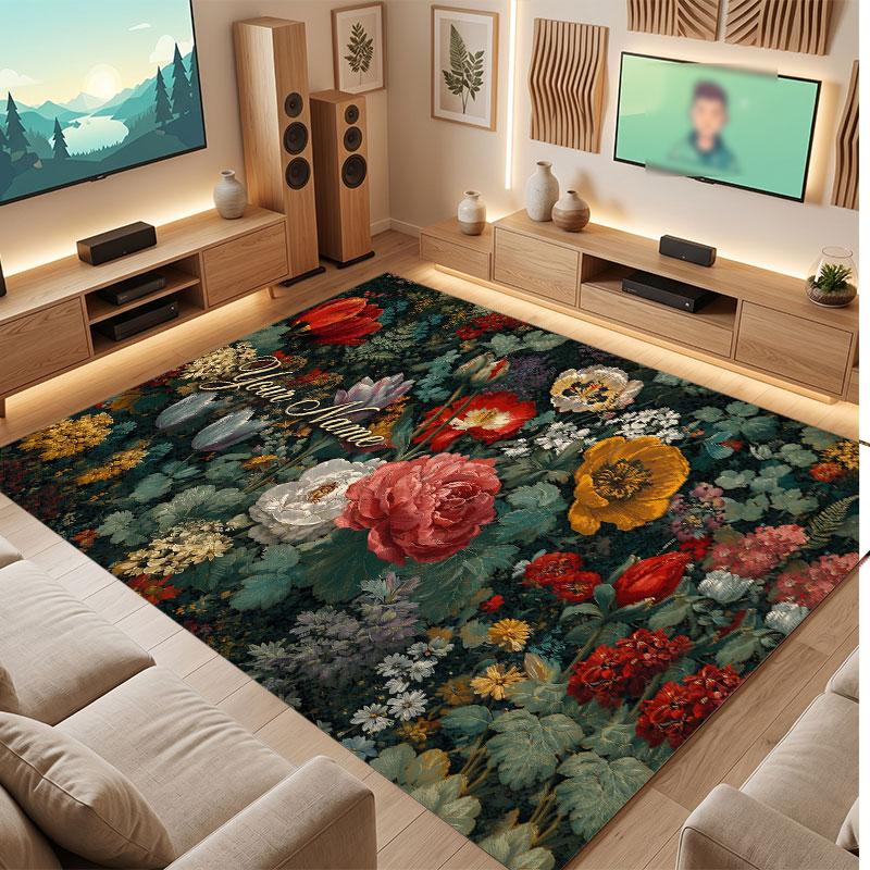 Floral Garden Theme Crystal Velvet Floor Rug Personalized Custom Name Text Warm Carpet Home Decoration