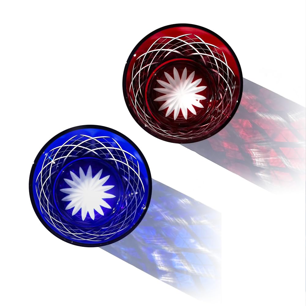 Taiburo Edo Kiriko Yaraimon Old Glass Pair and Wooden Made in Japan [Official Studio] (Red Blue) TB90115-1RB, Box,