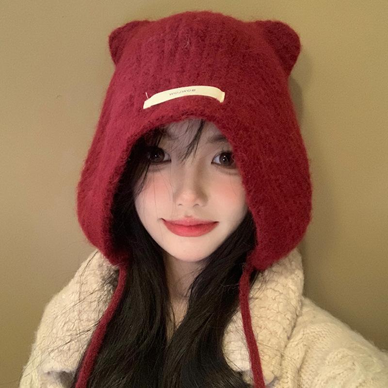 

Вязаная милая шапка-лоли с кошачьими ушками из имитации кашемира, зимняя, для улицы, теплая, с защитой ушей от северного ветра и снега M（56-58cm） красный