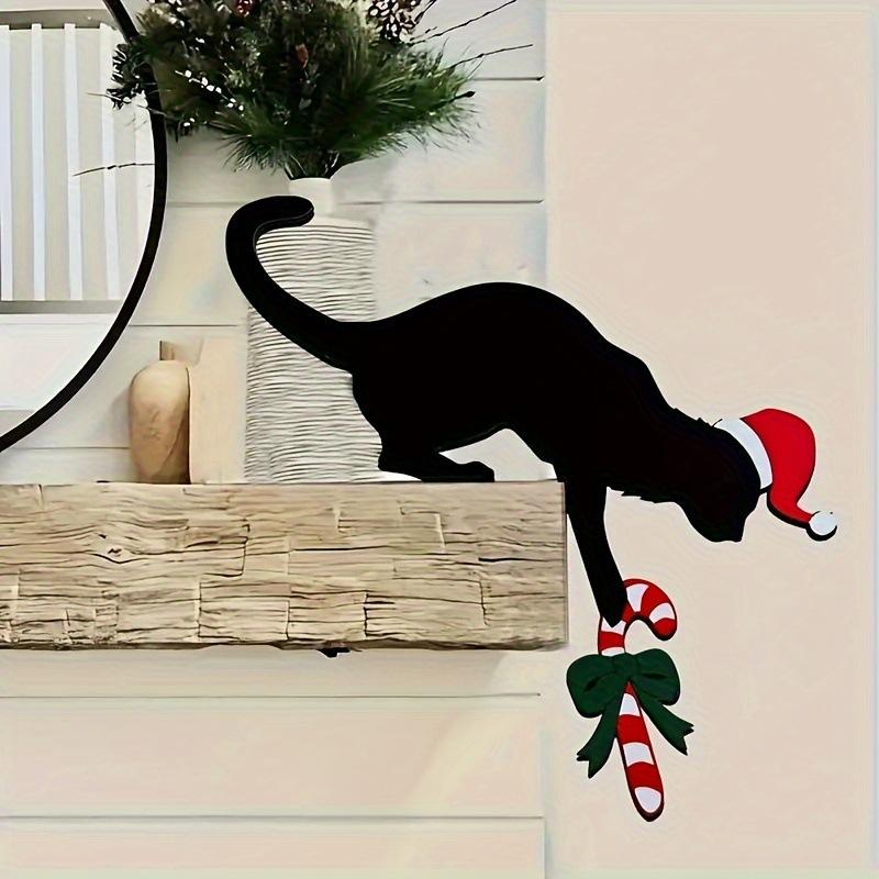 Fun Charming Cat Shaped Christmas Door Corner Decoration-Rustic Imitation Wood Perfect For Holiday Atmosphere