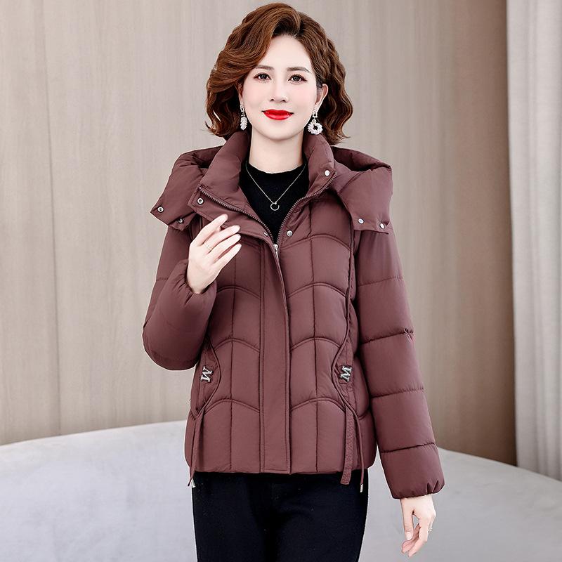 Fashion warm thickened short middle-aged and elderly hooded down cotton clothes, small thickened mother clothes in winter