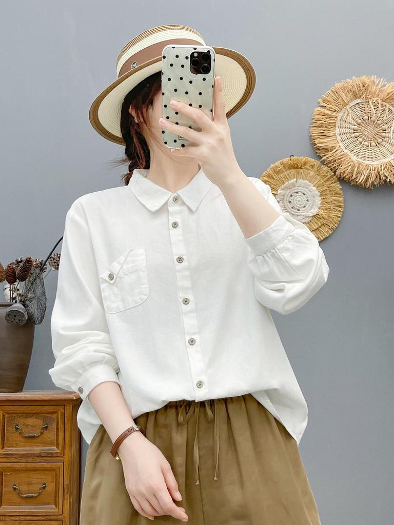 2026 Spring Women's Solid Color Slim Fit Long-Sleeve Single-Breasted Brushed Pocket Shirt
