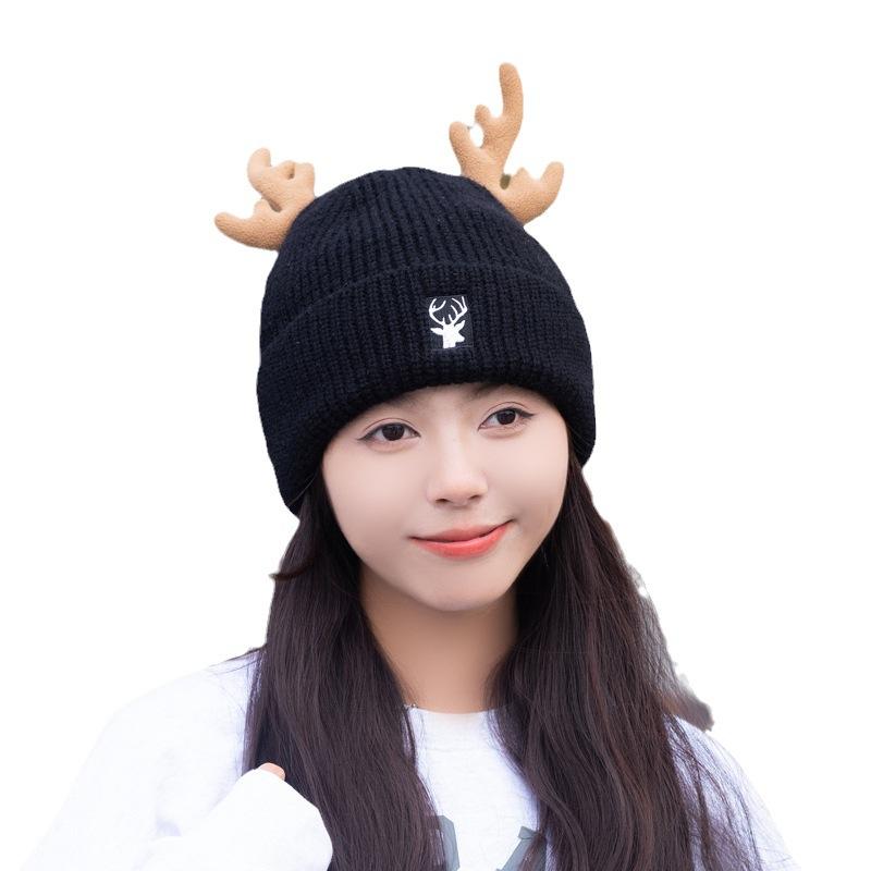 New Christmas antlers wool hat scarf dual-purpose pullover hat women's autumn and winter warm knitted hat cute ear protectors