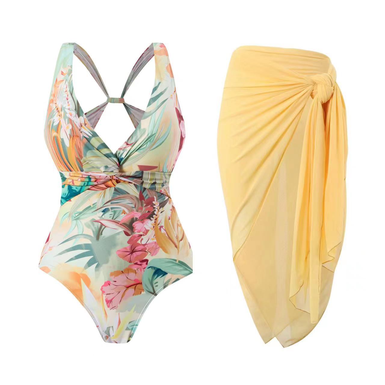 

TS JYL-BK312 V-Neck Print Swimsuit, Tie Waist Two-Piece Swimwear For Beach XL золотистий