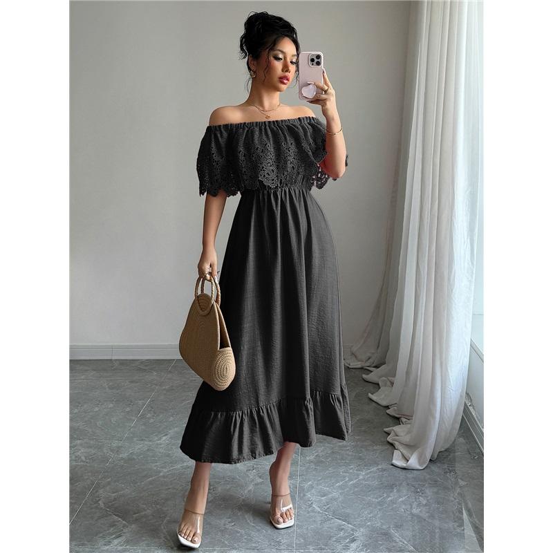 European And American Style Ladies Summer Long Skirt Temperament Elegant Style Strapless A-line Lace Ruffled Dress
