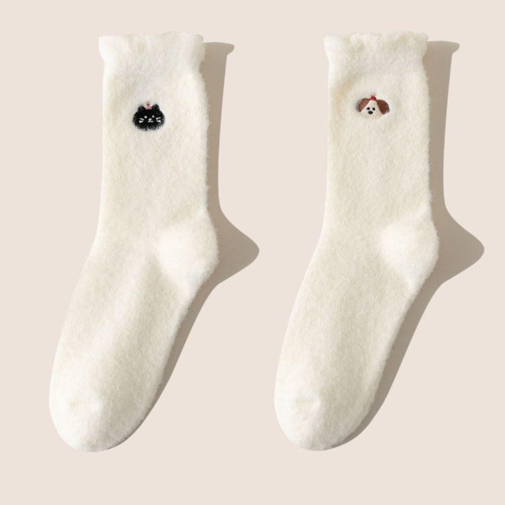5Pairs Dog Mink Fur Socks Cartoon Winter Warm Sock Fashion Plush Floor Socks  Streetwear