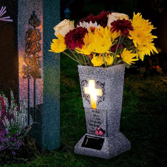 Solar Cemetery Vase with LED for Gravestone Outdoor Artificial Fresh Flower Holder Headstone