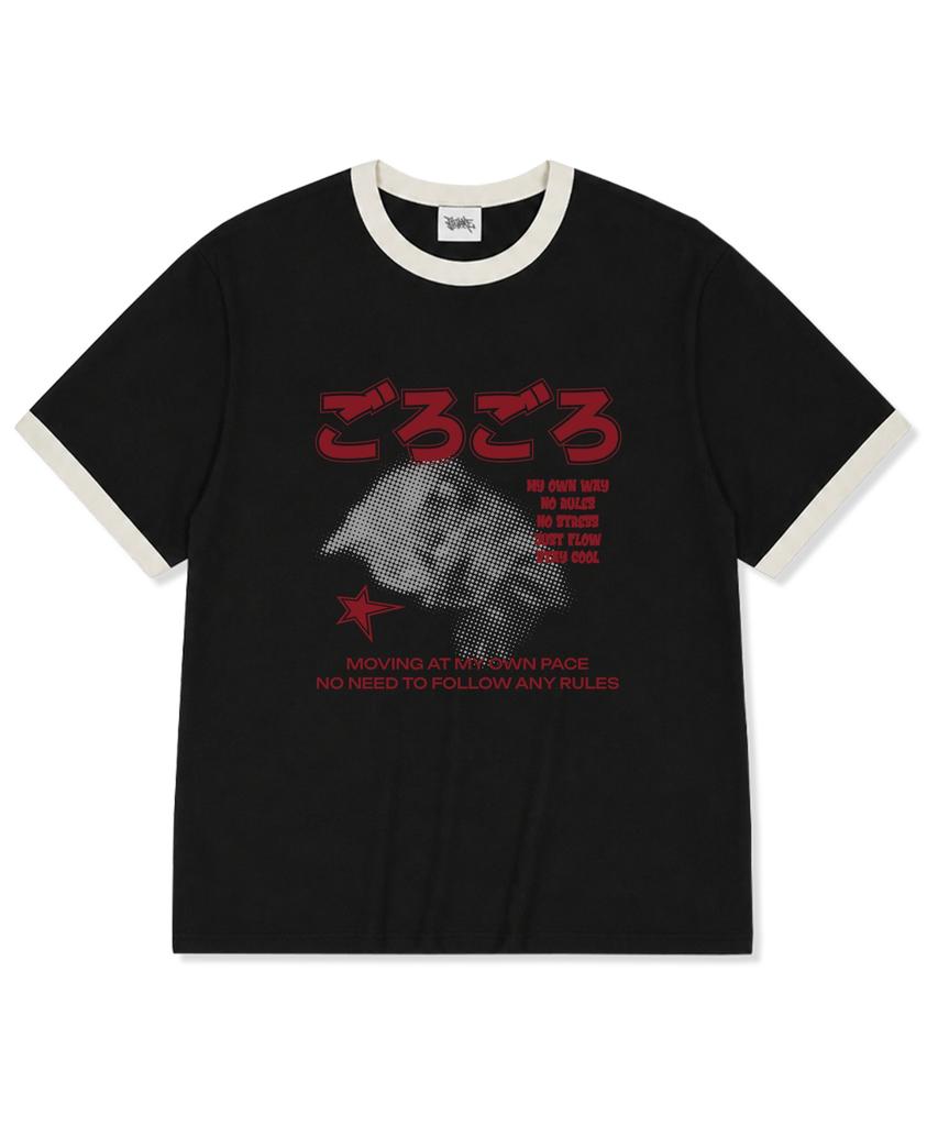 TI.GLAKE Sleepy Cat Oversized Ringer Short Sleeve T-Shirt Black Beige