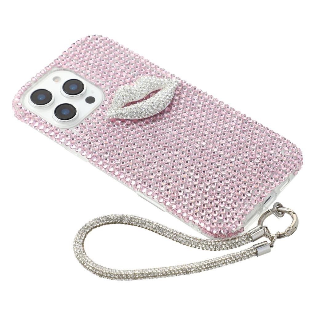 For iPhone 16 Pro Max Case with Strap Full Rhinestone Lip Decor TPU+PC Phone Back Cover