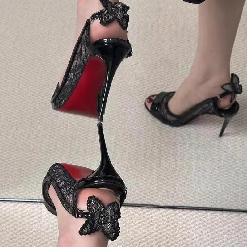 2025 Hot Sale Women's Shoes Peep Toe Women's Sandals Fashion Butterfly-knot Party Sandals Women New  Lace Solid Heeled Sandals