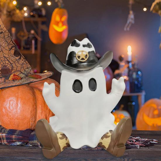 Halloween Cowboy Ghost Statue Resin Ghost Figurine in Cowboy Boots Hat Tabletop Ghost Decoration for Home Party Centerpiece Mantel