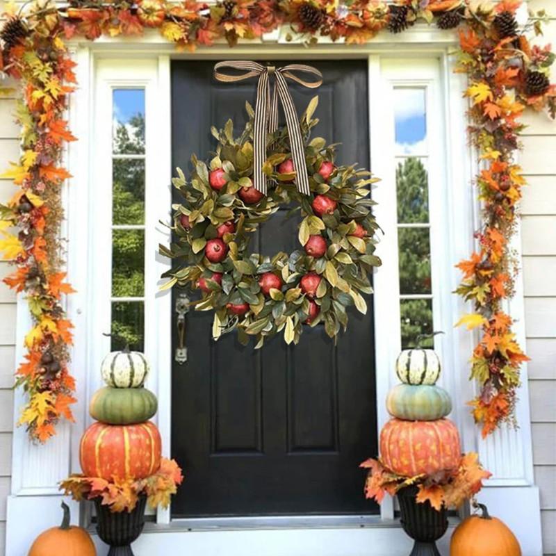 Artificial  Pomegranate  Wreath Bowknot Pomegranate And Leaf Thanksgiving Farmhouse Front Door Decor