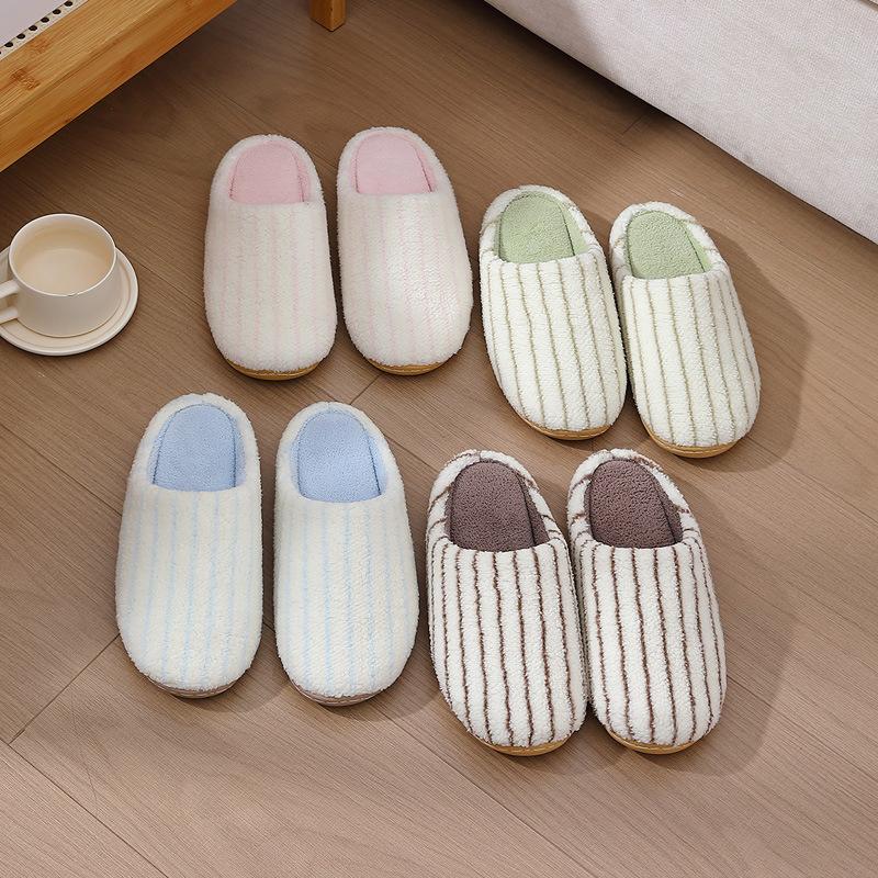 Japanese striped plush warm couple slippers autumn and winter new indoor soft bottom non-slip home cotton slippers
