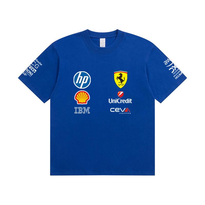 Camiseta Oversized de Casal Ferrari F1 Racing Estampa Clássica de Logo de Patrocinador Manga Curta Casual de Motorsport Streetwear