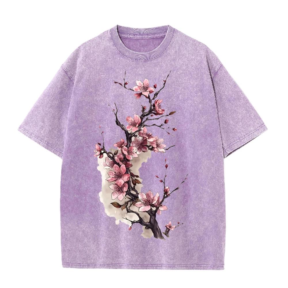 2026 Vintage gewaschenes Beige Chinesische Tinte Kirschblüten Grafik T-Shirt Blumendruck Oversized Lässiges Kurzarm-T-Shirt