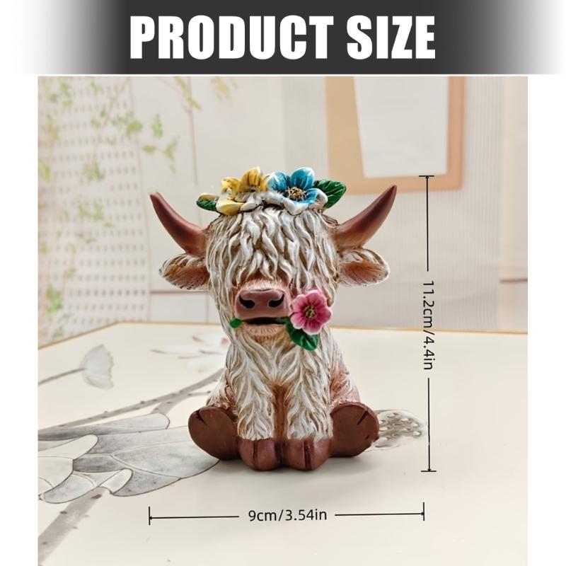 High Land Cow Miniature Figurine with Flower Design Cow Gnomes Scottish Resin Farm Animal Statue Holiday Calf Lover Gift