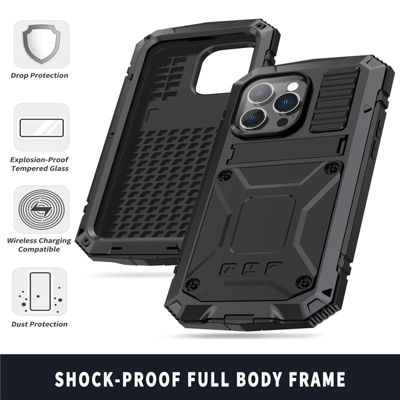 For iPhone 14 13 12 Pro Max Mini 11 Pro Max Case Full-Body Rugged Armor Shockproof Protective Kickstand Aluminum Metal Cover
