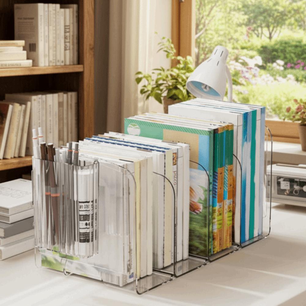 Simple Divided Book Stand Save Space Clear Bookshelf Portable Desktop Sorting Rack School