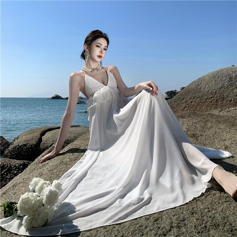 White High-end Ruffle Edge Bridal Morning Gown Banquet Dress Vacation Dress Beach Skirt Women's Seaside Vacation Super Fairy