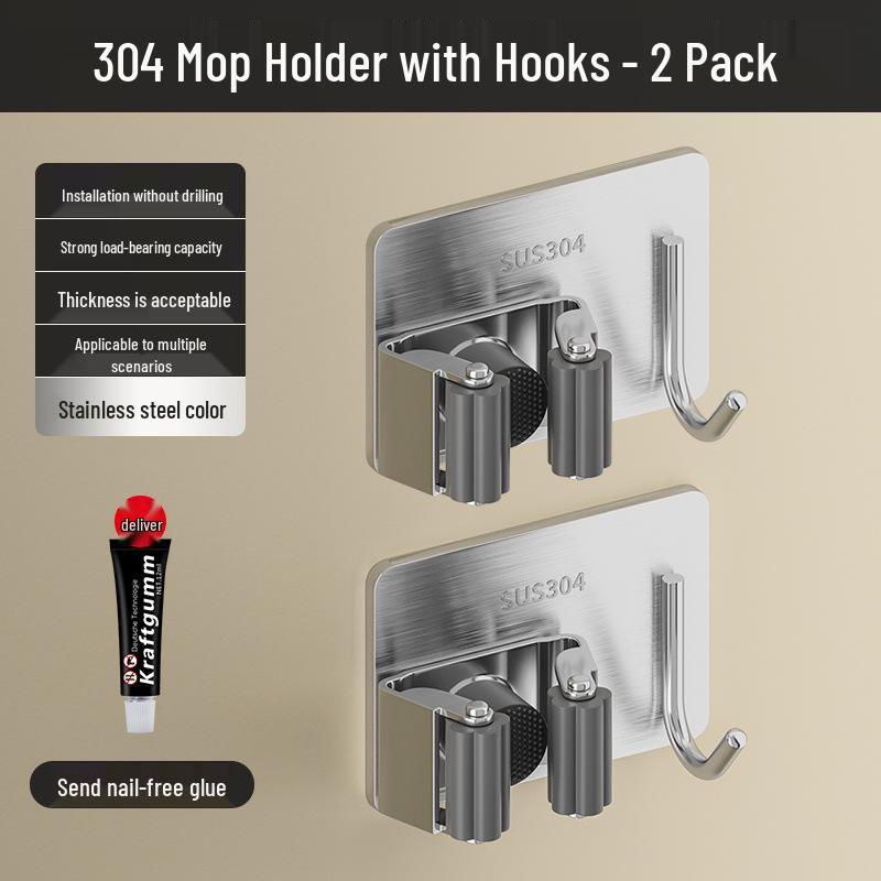 Stainless Steel No-Punch Wall Mount Mop & Broom Holder Clip