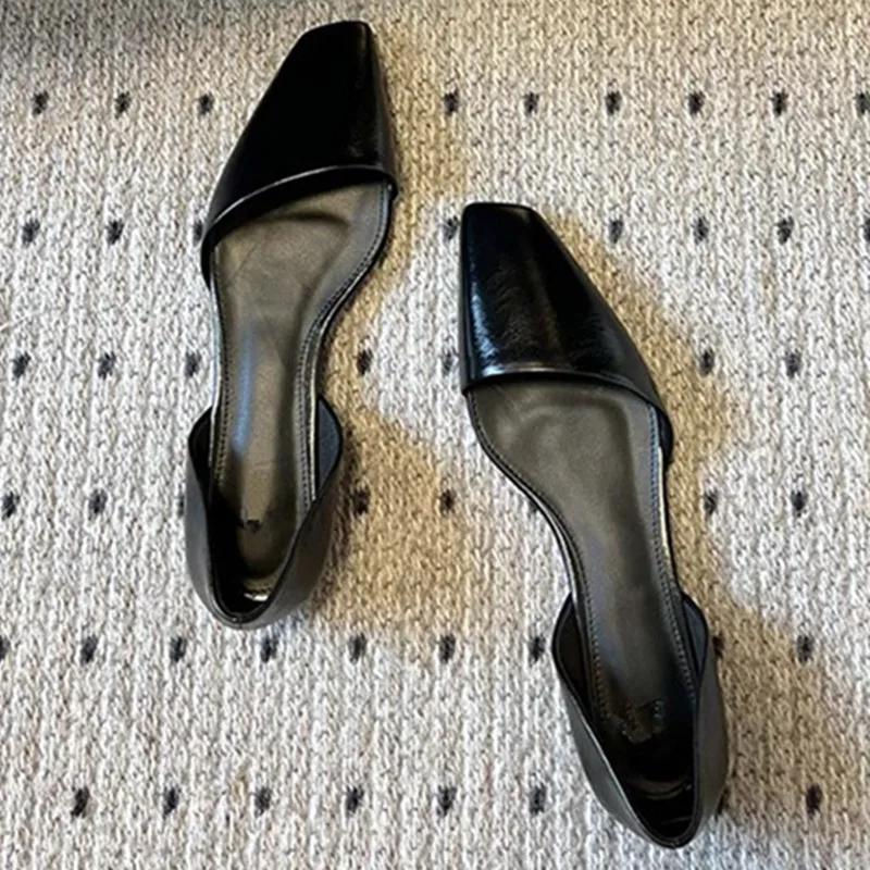 Wysokiej Jakości Retro Skórzane Płaskie Buty Damska Moda Skośny Kwadratowy Nosek Puste Mulesy Sandały Projektant Wygodne Baleriny Mokasyny