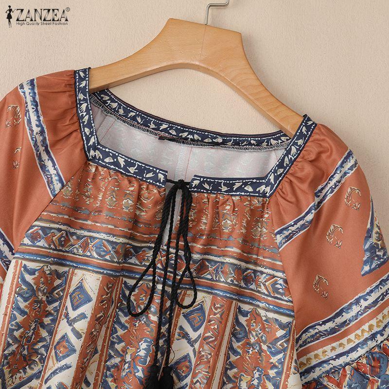 ZANZEA Women Summer Casual Square Collar Half Sleeve Loose Ethnic Print Blouse