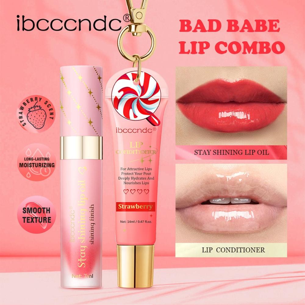 Lip Combo Set, Strawberry Scent Lip Conditioner with Keychain + Stay Shining Lip Oil, Deeply Hydrating Nourishing Lip Care Kit for Fuller Glossy Lips