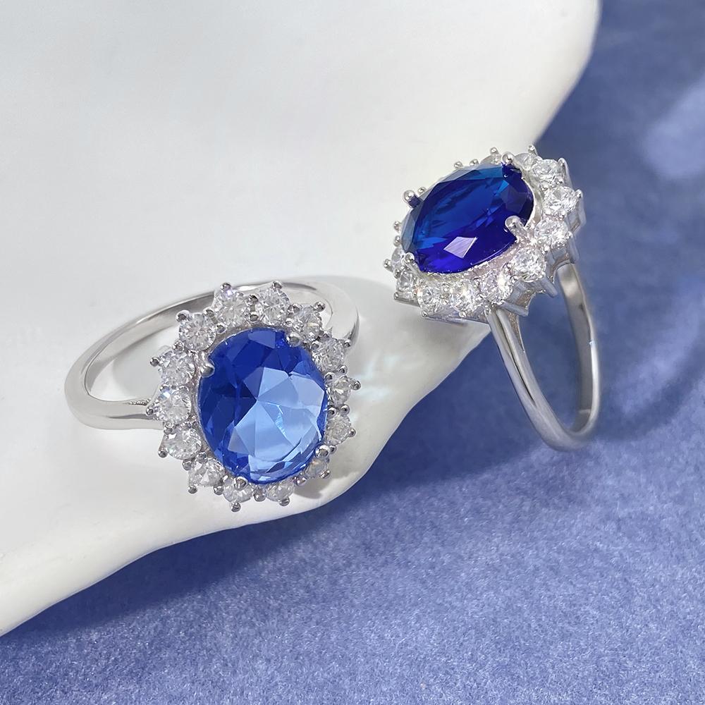 Fine Jewelry Blue Sapphire Engagement Ring 925 Sterling Silver Cubic Zirconia Art Deco Halo Princess Diana Ring