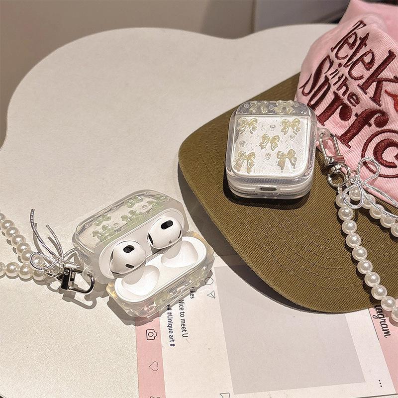 Solid Color Bow Tie Pearl Chain Apple Bluetooth Headphone Case For Airpods4 Case Airpodspro3