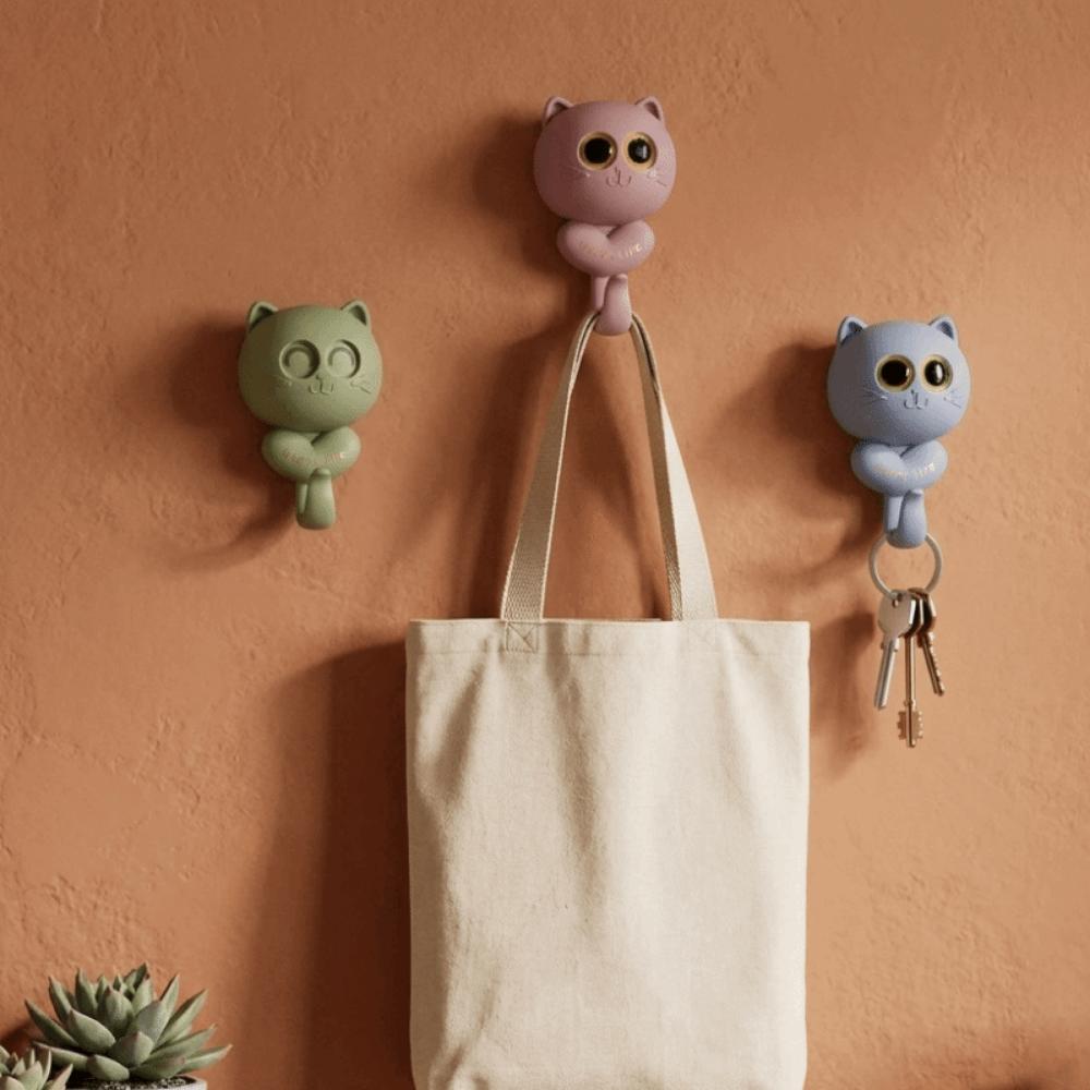 Free Punching Cartoon Cat Hooks Plastic Animal Shape Hook Sticky Hooks Hat Hanger Bathroom