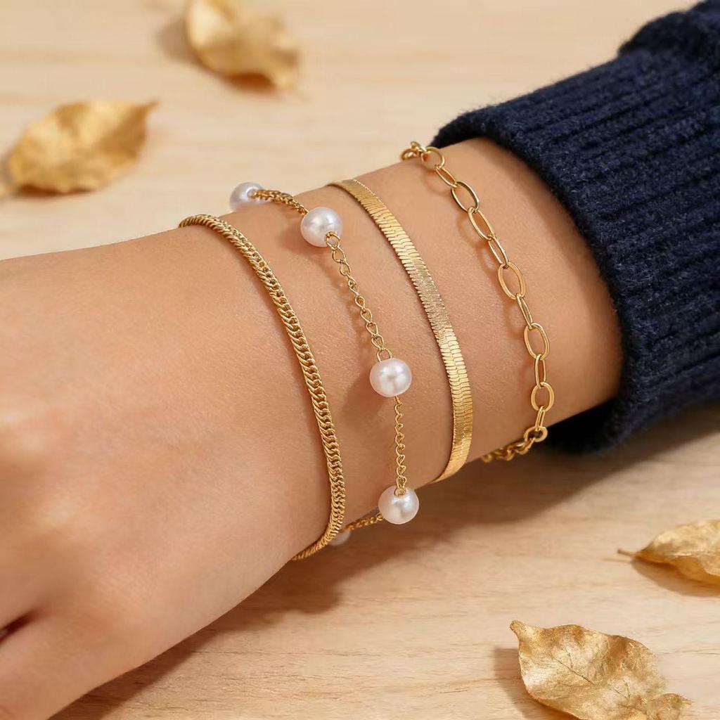 European and American Multi-Layer Beaded Fashion Bracelet Set with Imitation Pearls