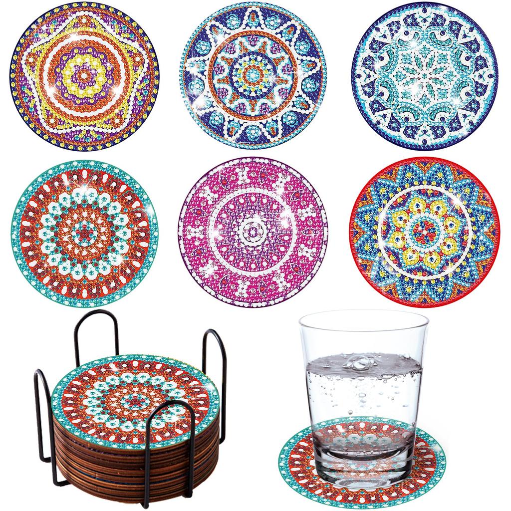 6pcs/8pcs Diy  Coasters With Holder Round Mandala Coasters  Kits Accessories