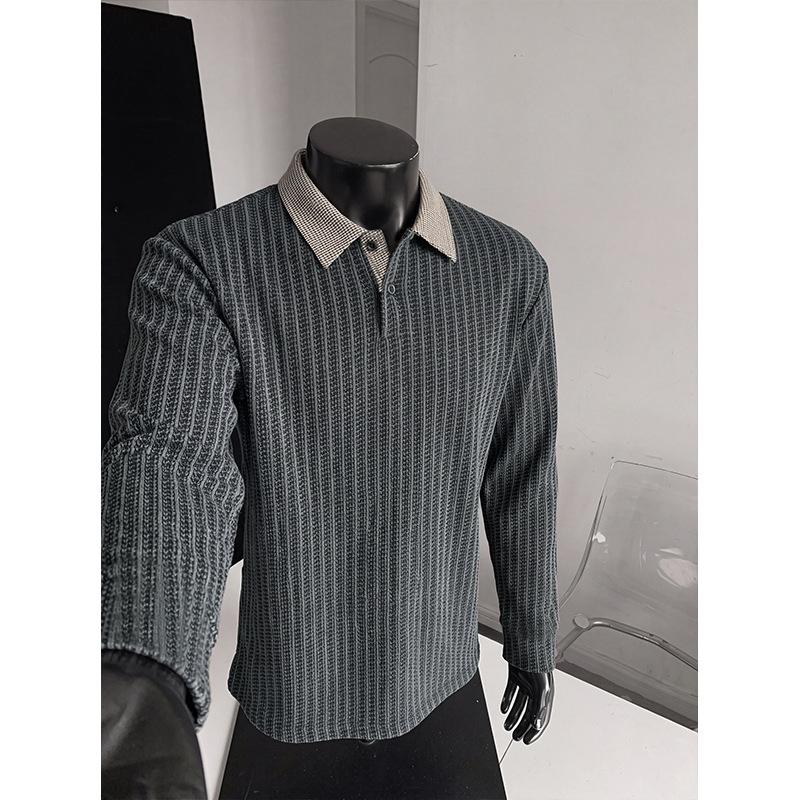 Men Black White Houndstooth Vertical Stripe Long Sleeve Polo Contrast Collar Casual Top