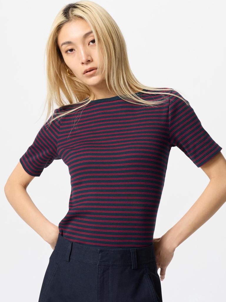 Uniqlo Japan Ribbed BoaT Neck T 5 minuTe Sleeve Border