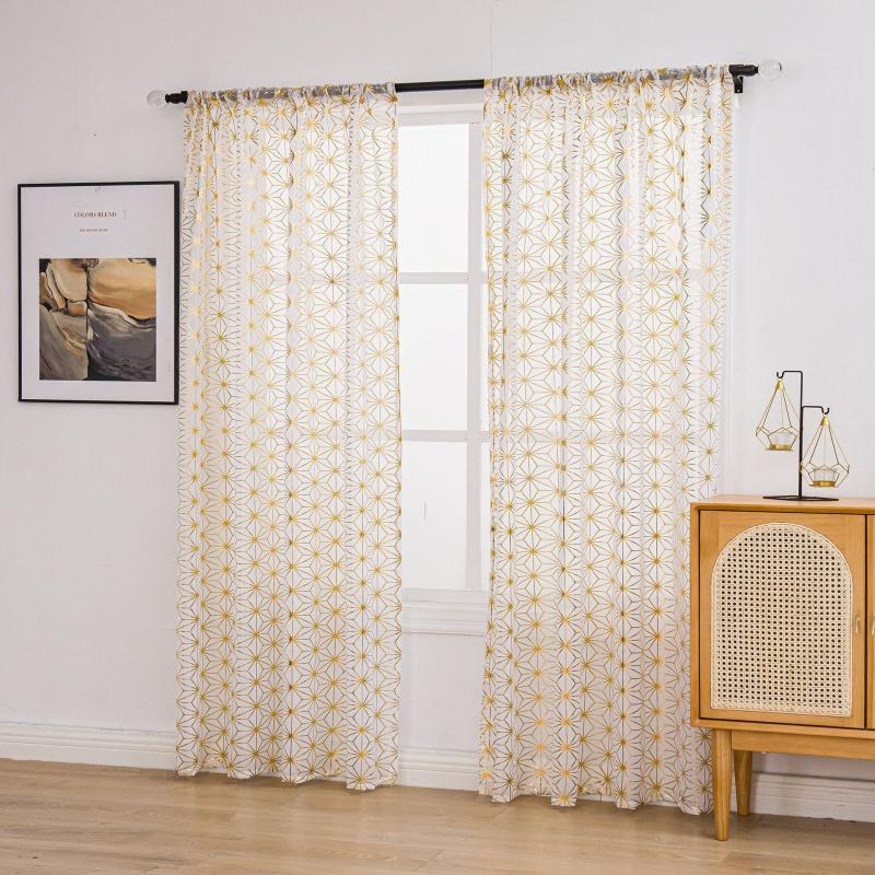 Geometric Gold Foil Sheer Curtains – Set of 2 Panels, Semi-Blackout, Light Filtering Window Curtains