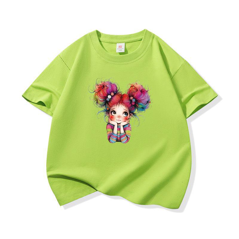 Kids Cotton T Shirt Cheerful Rainbow Hair Girl Graphic Print Crew Neck Short Sleeve Tee Casual Boys Girls Summer Tops